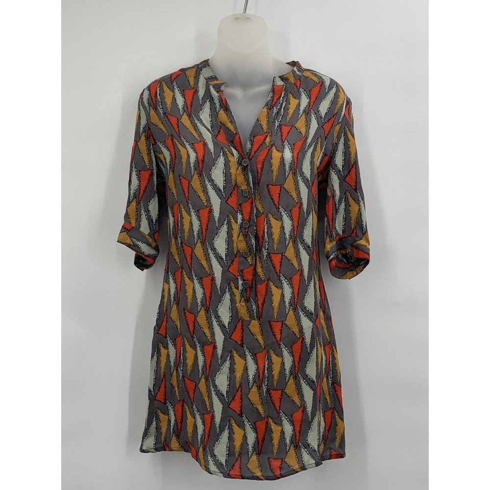 Tucker Tunic XS Gray Geometric Print Silk Half Sleeves V Neck